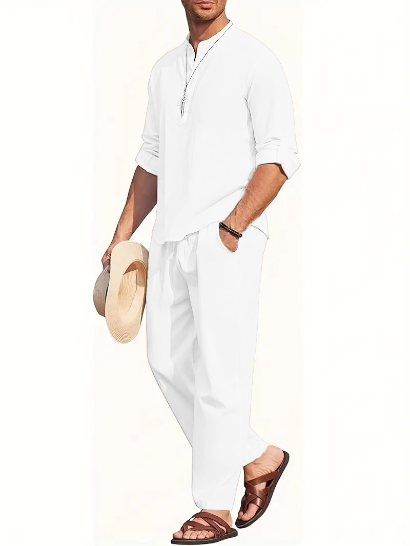 Men's White Linen Suit Set Lon - Summer Clothing Linen ulasan dan harga